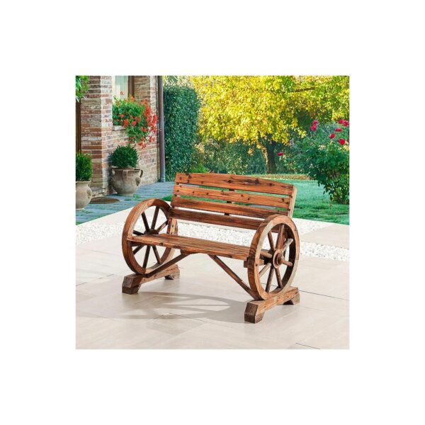 Wooden Wagon Wheel 2-Person Bench with Country Rustic Style, Burnt-Finished