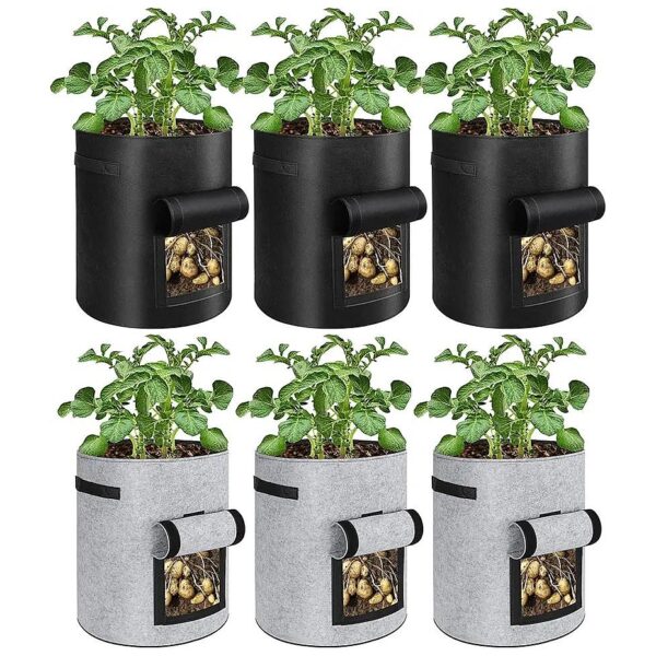 Woven Fabric Potato Grow Bags with Flap Window Grey and Black 10 Gallon Capacity