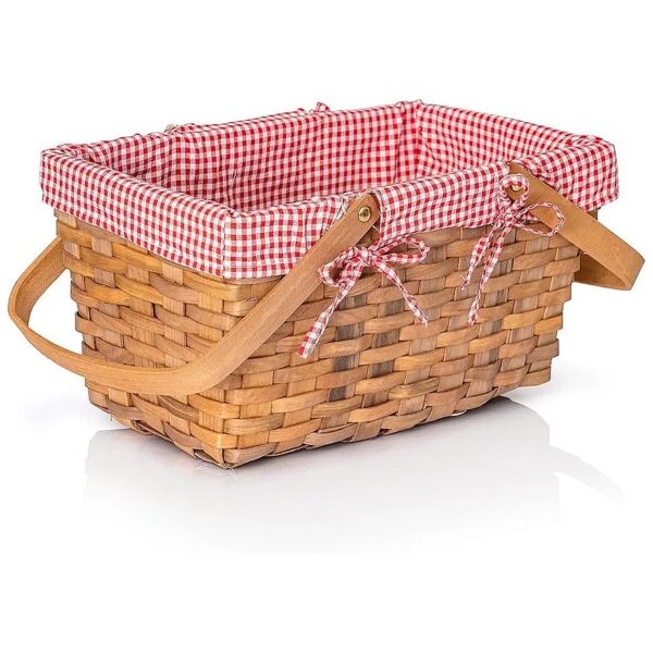 Woven Wood Chip Wicker Picnic Basket with Double Handles and Gingham Blanket Lining