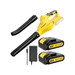 Yellow Handheld Leaf Blower with Two Batteries 20V 140 CFM 130 MPH Small Lightweight