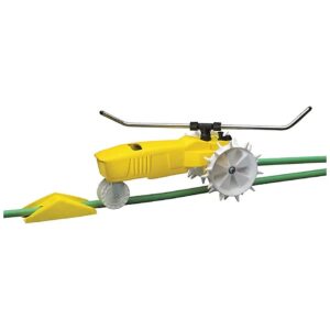 Yellow Rain Train Traveling Sprinkler with Heavy Duty Rotating Wheels and Automated Spray